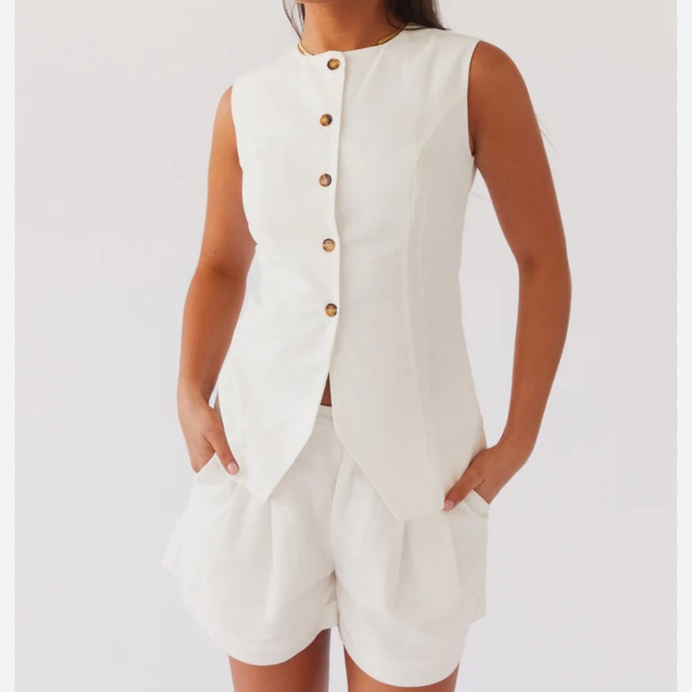 Peppermayo White Sleeveless Button-Down Top with Gold Buttons